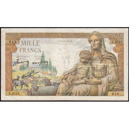 F 40-21 - 08/04/1943 - 1000 francs - Déesse Déméter - Série L.4731 - Etat : TB