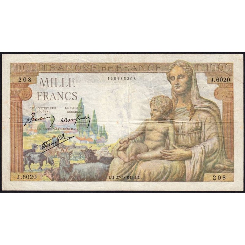 F 40-25 - 27/05/1943 - 1000 francs - Déesse Déméter - Série J.6020 - Etat : TB