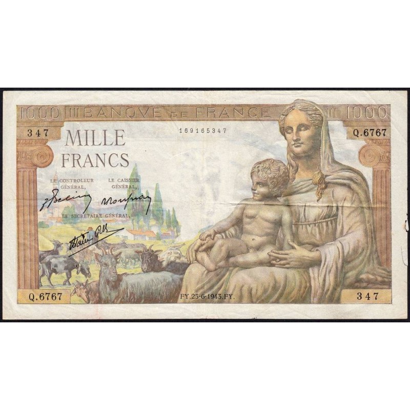 F 40-28 - 25/06/1943 - 1000 francs - Déesse Déméter - Série Q.6767 - Etat : TB+