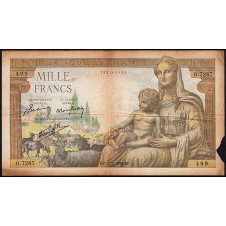 F 40-31 - 22/07/1943 - 1000 francs - Déesse Déméter - Série O.7287 - Etat : B-