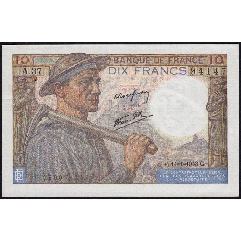 F 08-07 - 14/01/1943 - 10 francs - Mineur - Série A.37 - Etat : SUP