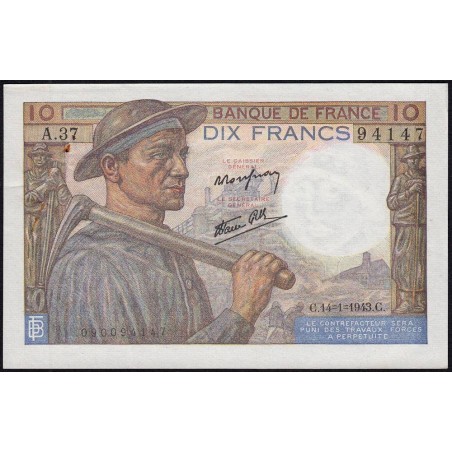 F 08-07 - 14/01/1943 - 10 francs - Mineur - Série A.37 - Etat : SUP