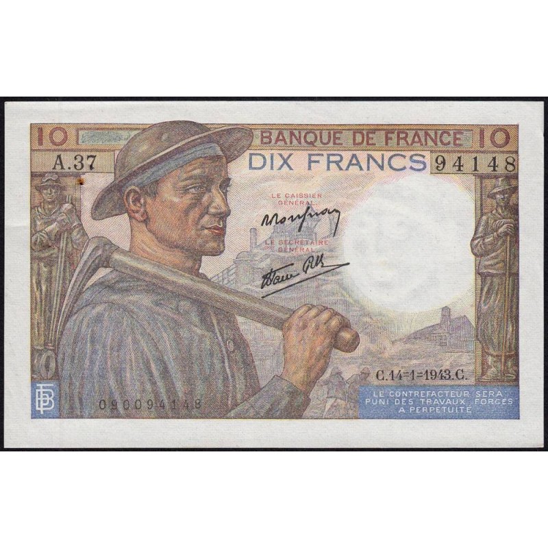 F 08-07 - 14/01/1943 - 10 francs - Mineur - Série A.37 - Etat : SUP