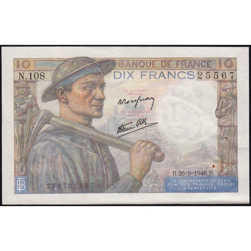 F 08-15 - 26/09/1946 - 10 francs - Mineur - Série N.108 - Etat : SUP