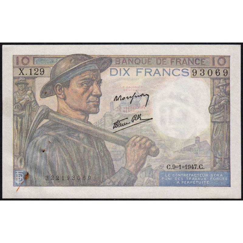 F 08-17 - 09/01/1947 - 10 francs - Mineur - Série X.129 - Etat : SUP-