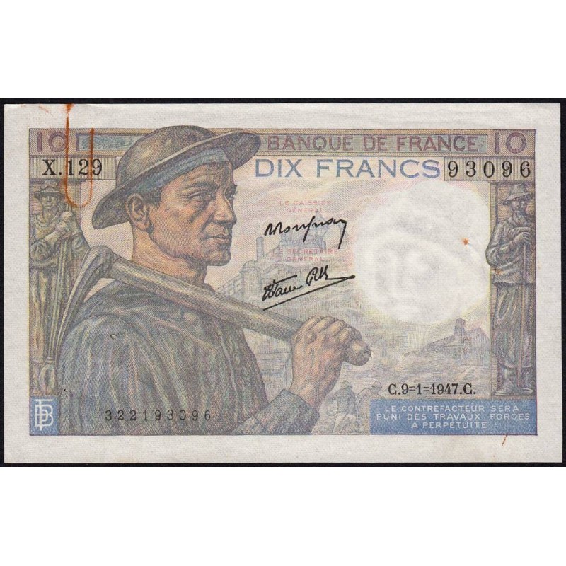 F 08-17 - 09/01/1947 - 10 francs - Mineur - Série X.129 - Etat : TTB