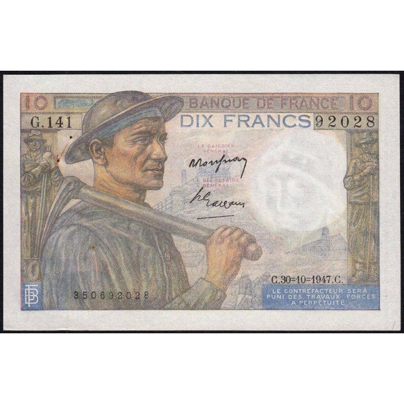 F 08-18 - 30/10/1947 - 10 francs - Mineur - Série G.141 - Etat : SUP