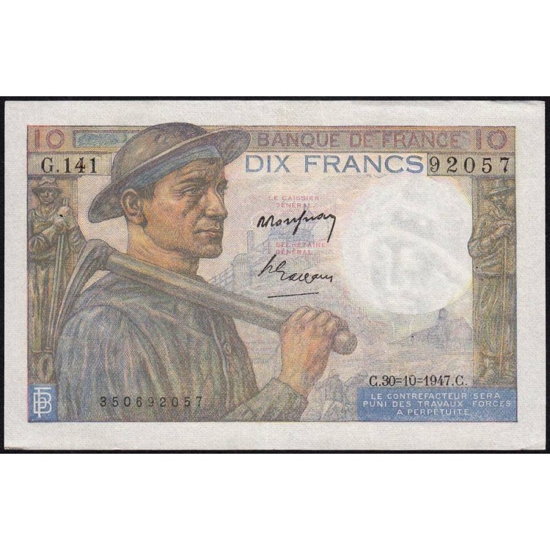 F 08-18 - 30/10/1947 - 10 francs - Mineur - Série G.141 - Etat : TTB+