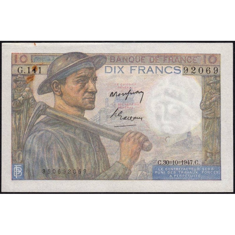F 08-18 - 30/10/1947 - 10 francs - Mineur - Série G.141 - Etat : SUP-