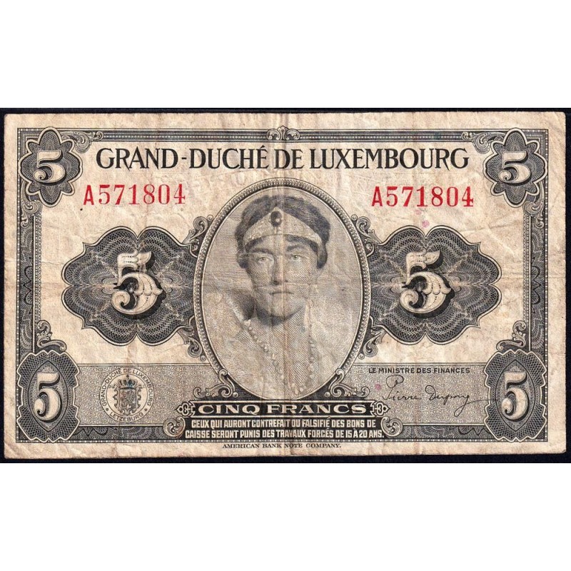 Luxembourg - Pick 43a - 5 francs - Sans série - 1944 - Etat : TB-