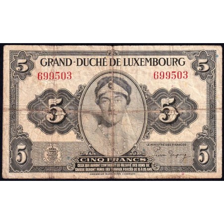 Luxembourg - Pick 43b - 5 francs - Série A - 1944 - Etat : TB-