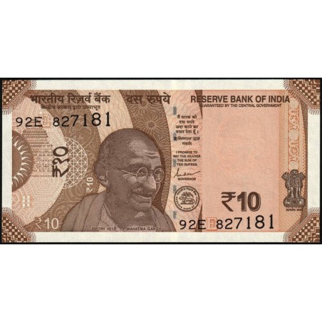 Inde - Pick 109f_2 - 10 rupees - Série 92E - Lettre E - 2022 - Etat : NEUF