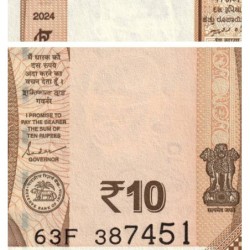 Inde - Pick 109h_1 - 10 rupees - Série 63F - Sans lettre - 2024 - Etat : NEUF