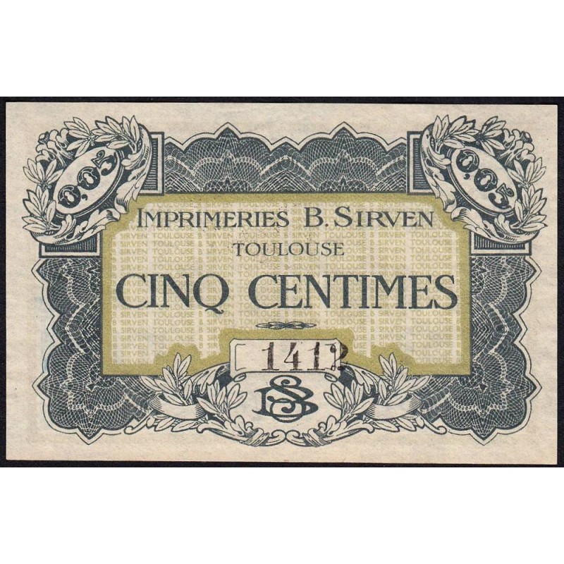 31 - Pirot 184 - Toulouse - Imprimeries B. Sirven - 5 centimes - 1914-1918 - Etat : SUP à SUP+