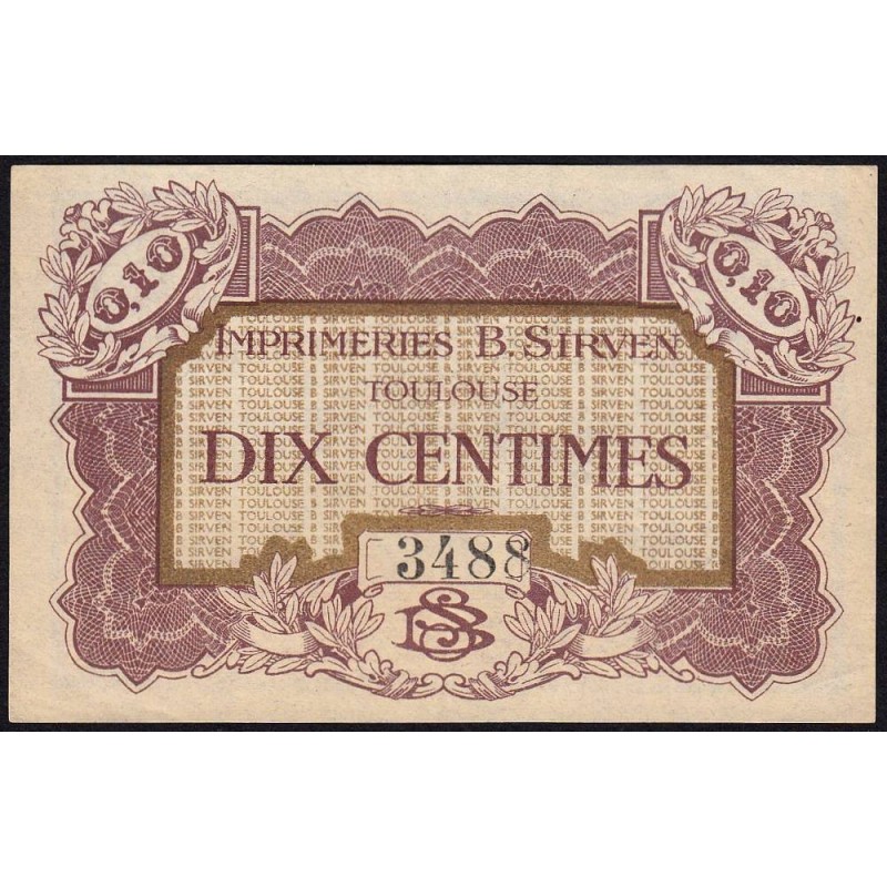31 - Pirot 184 - Toulouse - Imprimeries B. Sirven - 10 centimes - 1914-1918 - Etat : SUP
