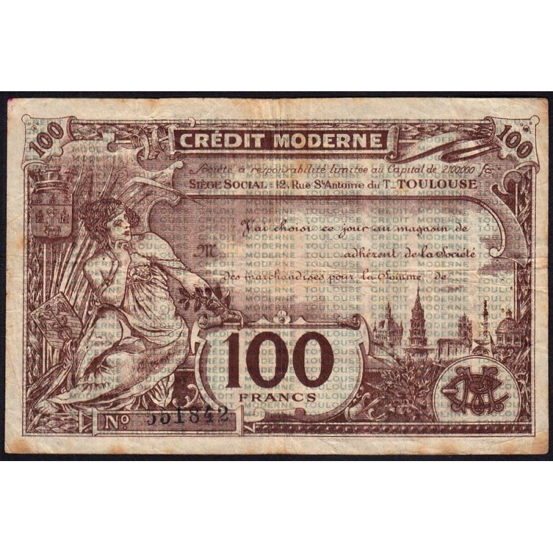 31 - Toulouse - Crédit Moderne - 100 francs - 1950 - Etat : TB