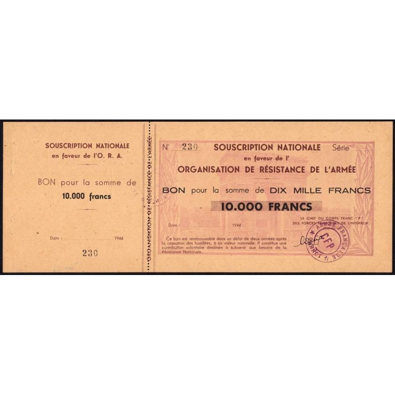 Armée Française - Corps Franc des Pyrénées - Brigade Carnot - 10000 francs - 1944 - Etat : SPL