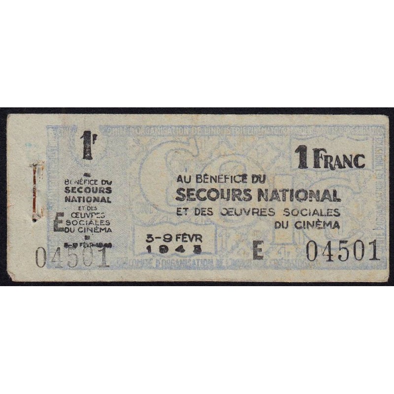 Secours national - 1 franc - Série E - 1943 - Oeuvres Sociales du Cinéma - Etat : TTB