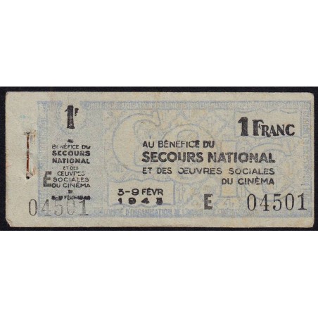 Secours national - 1 franc - Série E - 1943 - Oeuvres Sociales du Cinéma - Etat : TTB