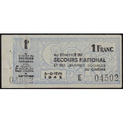 Secours national - 1 franc - Série E - 1943 - Oeuvres Sociales du Cinéma - Etat : SUP+