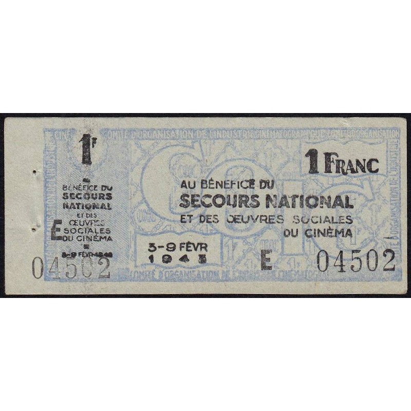 Secours national - 1 franc - Série E - 1943 - Oeuvres Sociales du Cinéma - Etat : SUP+