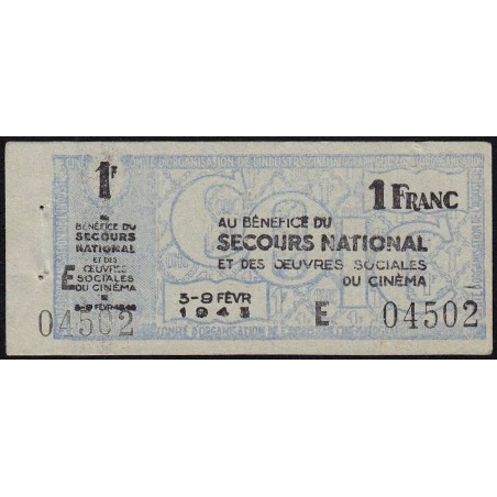 Secours national - 1 franc - Série E - 1943 - Oeuvres Sociales du Cinéma - Etat : SUP+
