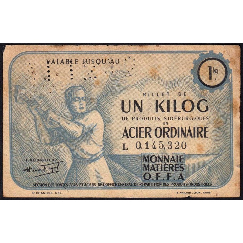 1 kg acier ordinaire - 31/12/1942 - Endossé dans le Rhône (69) - Série L - Etat : TB