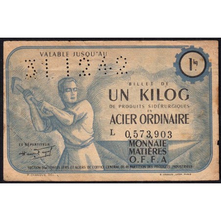 1 kg acier ordinaire - 31/12/1942 - Endossé dans le Rhône (69) - Série L - Etat : TB