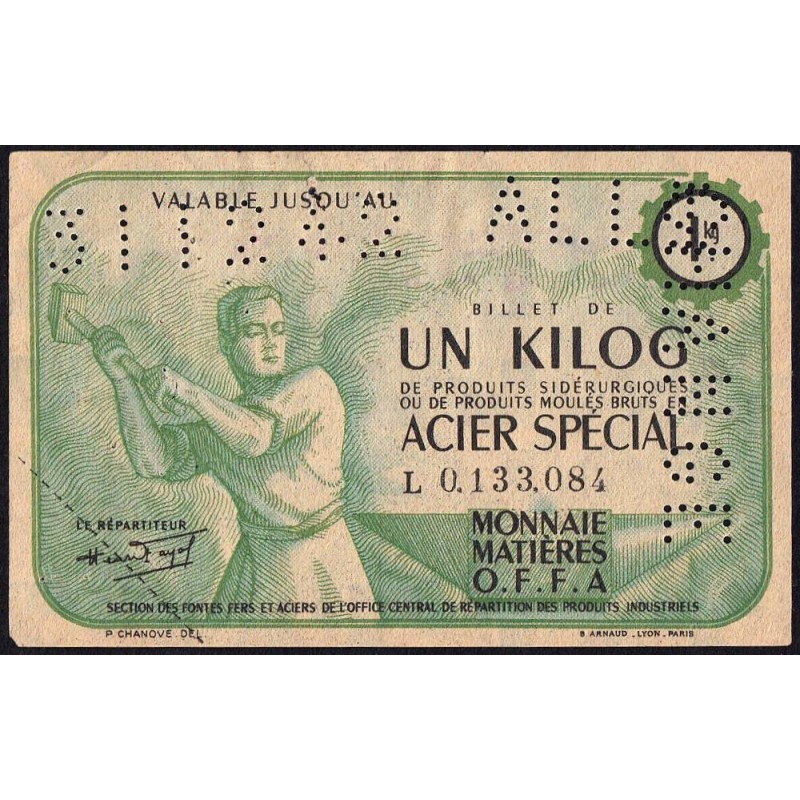 1 kg acier spécial - 31/12/1942 - ALLI CHANGE - Endossé dans le Rhône (69) - Série L - Etat : TTB