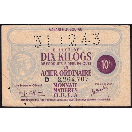 10 kg acier ordinaire - 31/12/1944 - Non endossé - Série D - Etat : TB+