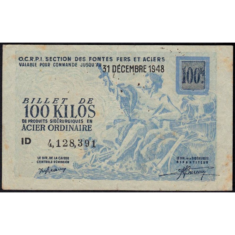 100 kg acier ordinaire - 31/12/1948 - Endossé - Série ID - Etat : TTB-