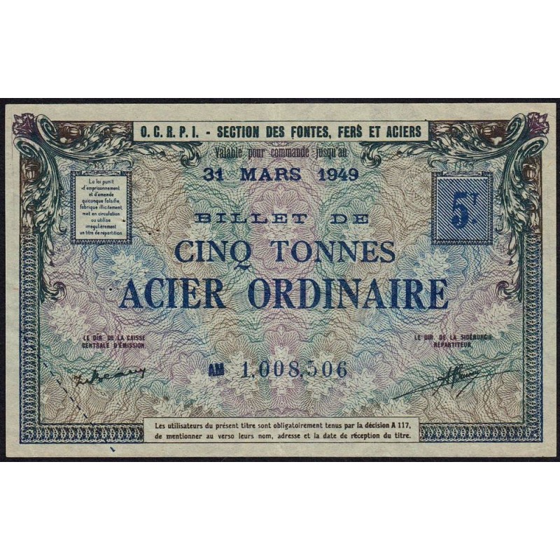 5 tonnes acier ordinaire - 31/03/1949 - Non endossé - Série AM - Etat : TTB+