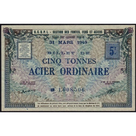 5 tonnes acier ordinaire - 31/03/1949 - Non endossé - Série AM - Etat : TTB+