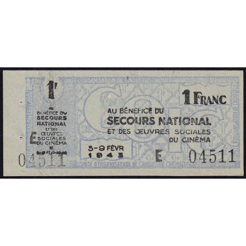 Secours national - 1 franc - Série E - 1943 - Oeuvres Sociales du Cinéma - Etat : SPL