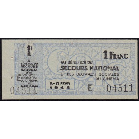 Secours national - 1 franc - Série E - 1943 - Oeuvres Sociales du Cinéma - Etat : SPL