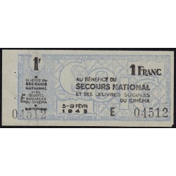 Secours national - 1 franc - Série E - 1943 - Oeuvres Sociales du Cinéma - Etat : SUP