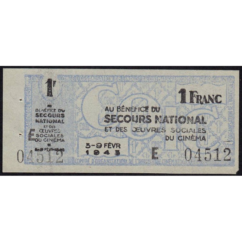 Secours national - 1 franc - Série E - 1943 - Oeuvres Sociales du Cinéma - Etat : SUP