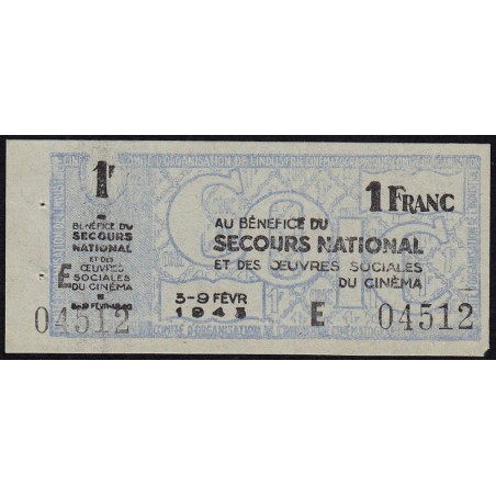 Secours national - 1 franc - Série E - 1943 - Oeuvres Sociales du Cinéma - Etat : SUP
