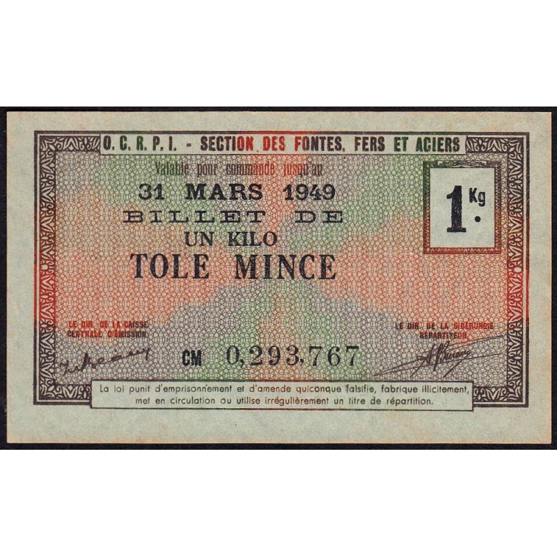 1 kg tôles minces - 31/03/1949 - Non endossé - Série CM - Etat : SPL