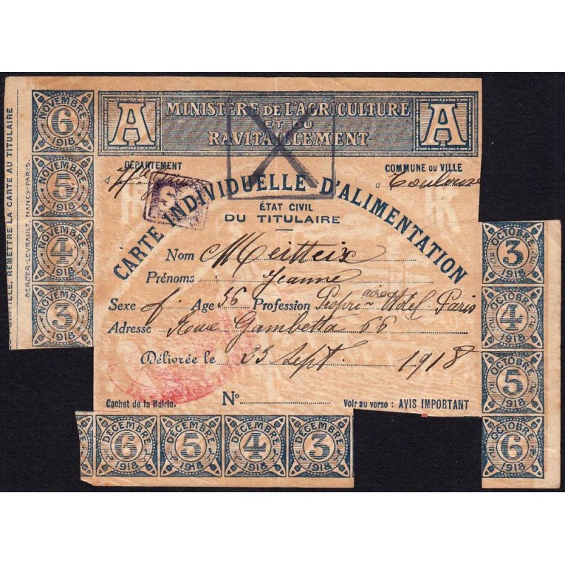 Carte individuellle d'alimentation - Catégorie A - 10/1918 à 12/1918 - Toulouse (31) - Etat : TTB