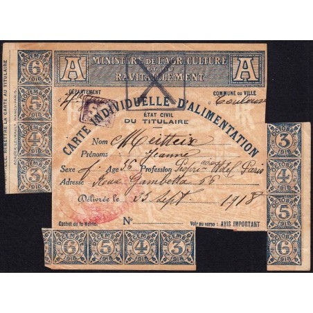 Carte individuellle d'alimentation - Catégorie A - 10/1918 à 12/1918 - Toulouse (31) - Etat : TTB