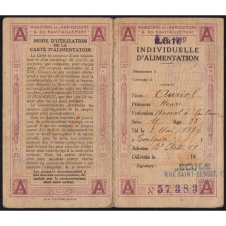 Carte individuellle d'alimentation - Catégorie A - 1919 - Paris (75) - Etat : TTB