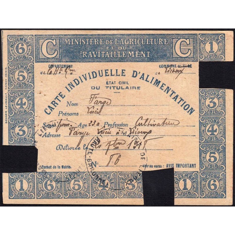 Carte individuellle d'alimentation - Catégorie C - 10/1919 à 12/1919 - Lieoux (31) - Etat : TTB