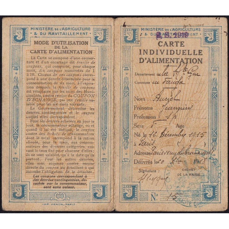 Carte individuellle d'alimentation - Catégorie J - 1919 - Le Fauga (31) - Etat : TTB