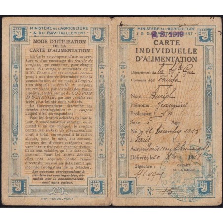Carte individuellle d'alimentation - Catégorie J - 1919 - Le Fauga (31) - Etat : TTB