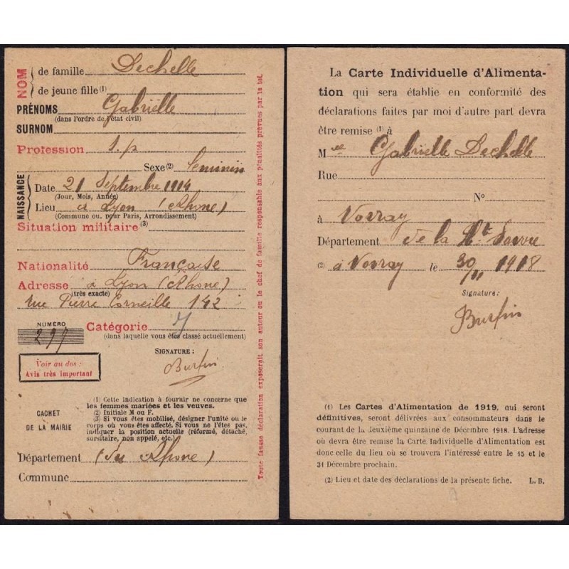 Demande carte individuellle d'alimentation - Catégorie J - 1919 - Vovray Cruseilles (74) - Etat : SPL