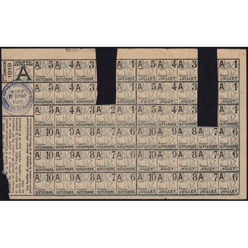 Rationnement - Feuille coupons - Catégorie A - 07/1919 à 12/1919 - Etat : TTB