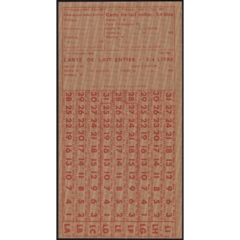 1943 - Titre 707 - Lait entier - 1er trimestre - Etat : SPL+