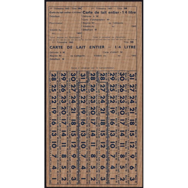 1943 - Titre 709 - Lait entier - 1er trimestre - Etat : SPL+