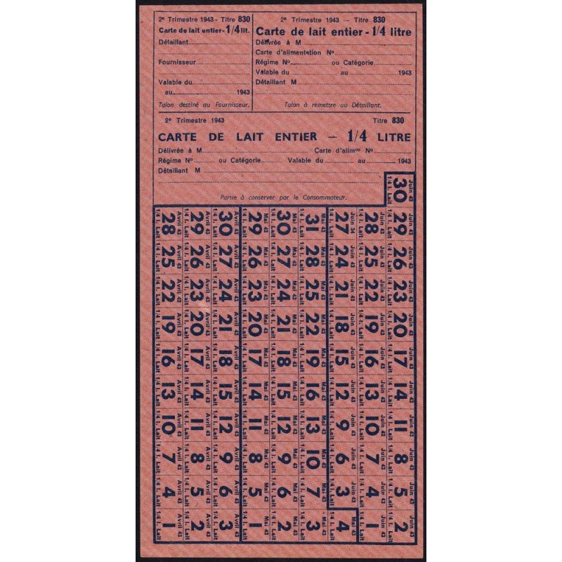 1943 - Titre 830 - Lait entier - 2 trimestre - Etat : SPL+
